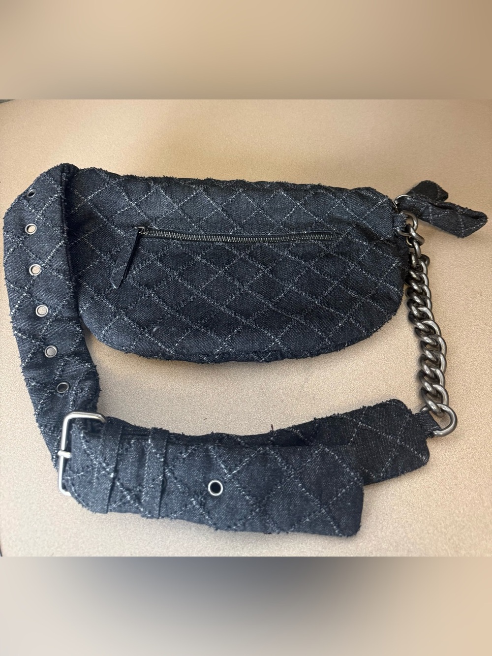 Kurt Geiger London Black Quilted Denim Brixton Belt Bag Crossbody Sling
